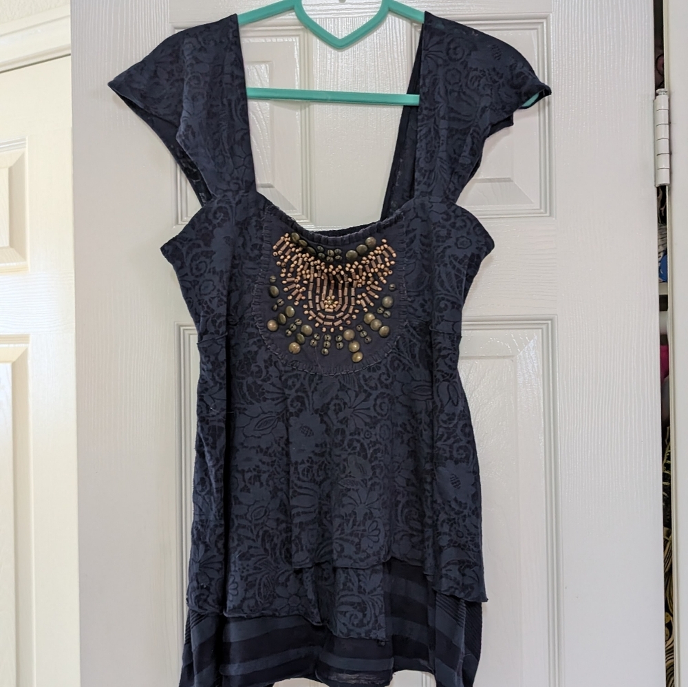 Free People Black Embellished Top